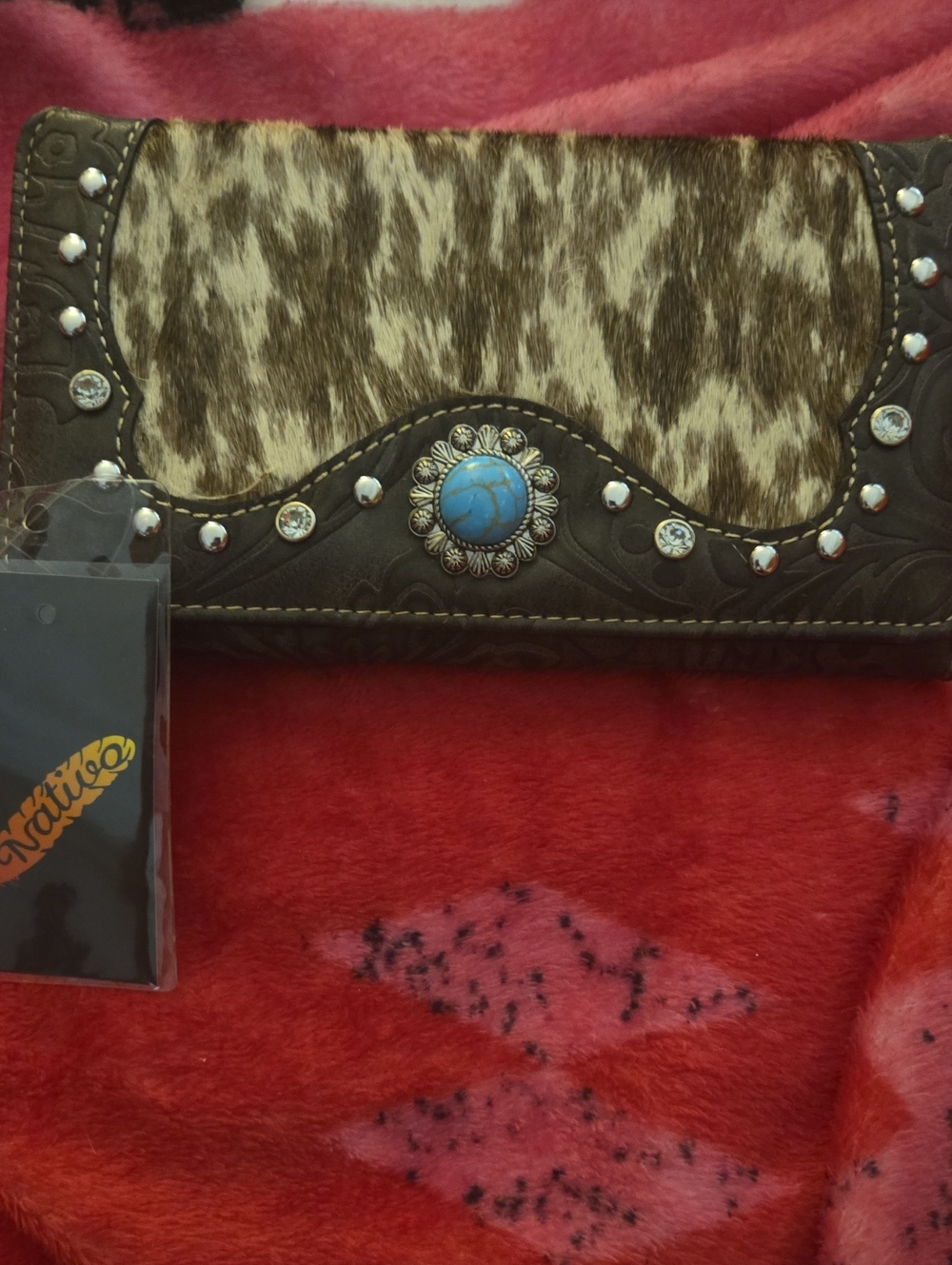 Western Genuine Leather Brown Cowhide Wallet with Turquoise, Crystal Accents.NWT